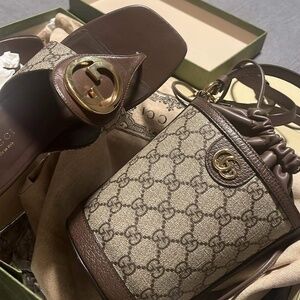 Gucci mini bucket bag and Gucci blondie sandals